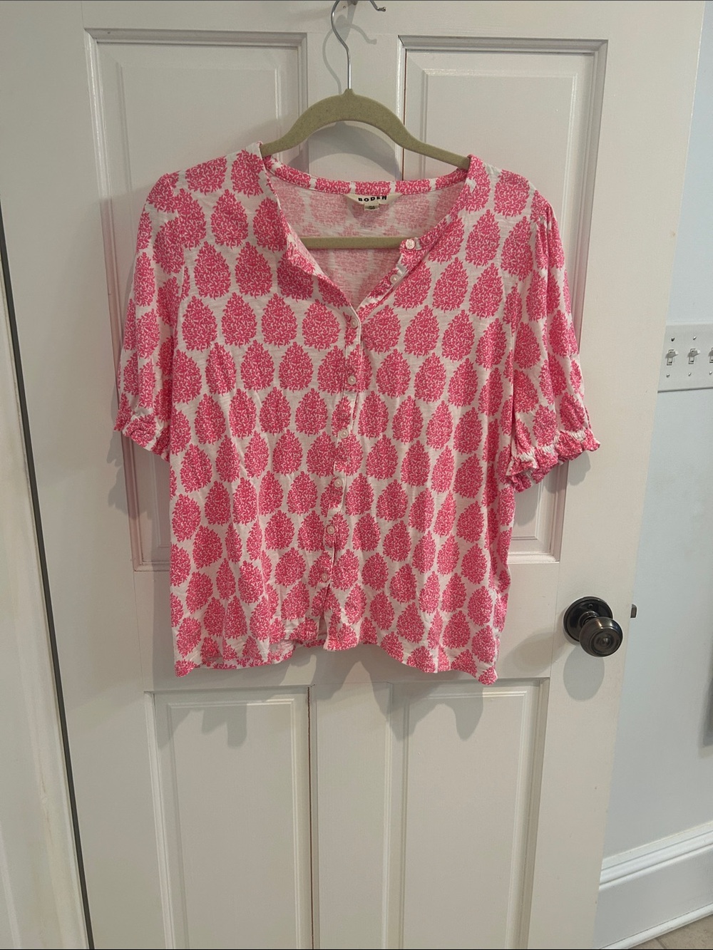 Boden Pink Printed Button-Up Short Sleeve Blouse